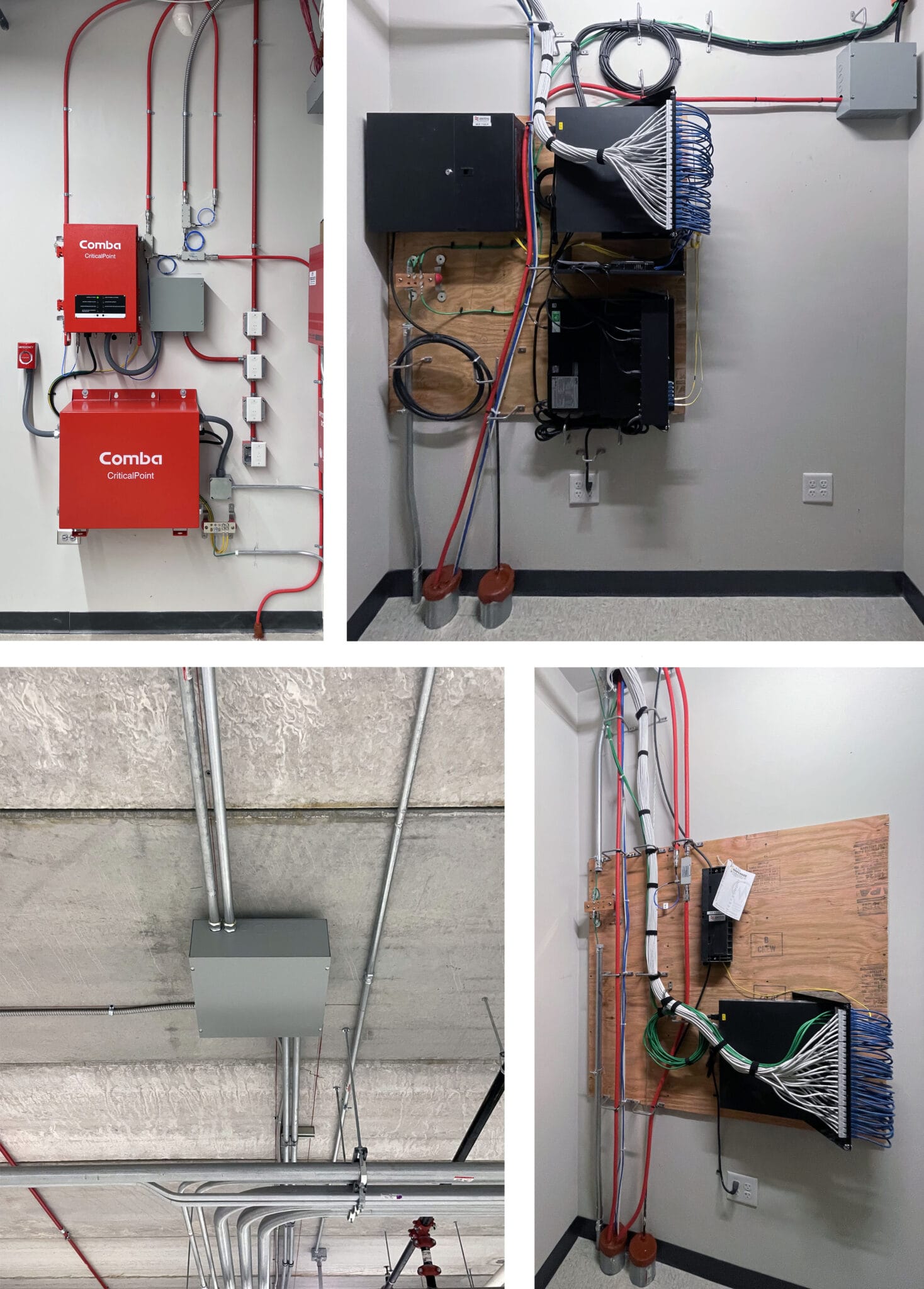 Composite of in-building wireless installation work including conduit runs, wall-mounted equipment and a terminated cabling board
