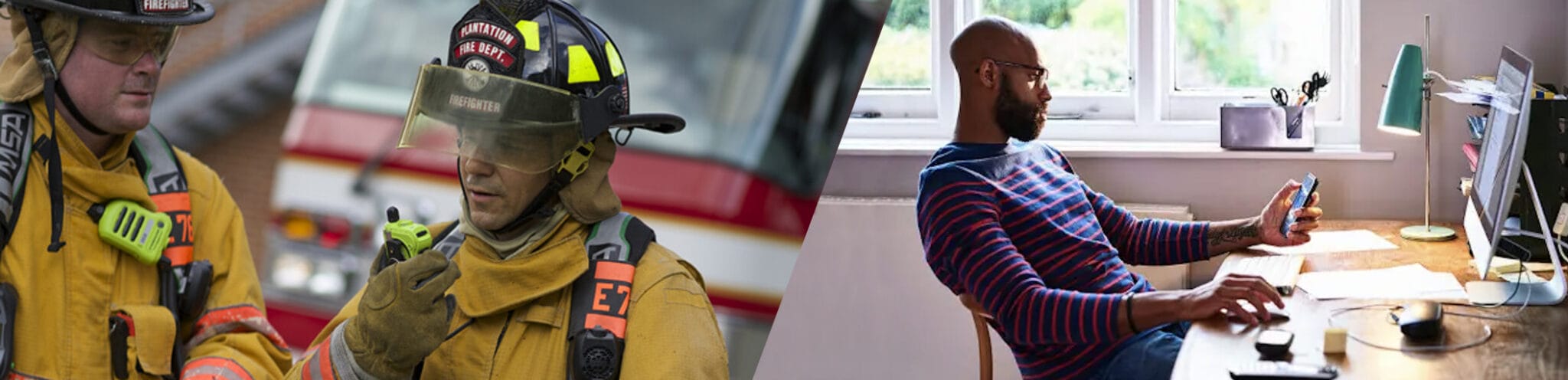 Firefighters in turnout gear beside an office worker at a desk, representing emergency and everyday in-building communication